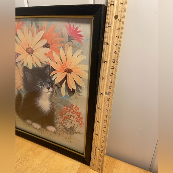 MCM cats vintage kitten flowers black framed prints kitsch 70s colors K Chin art - Picture 11 of 16